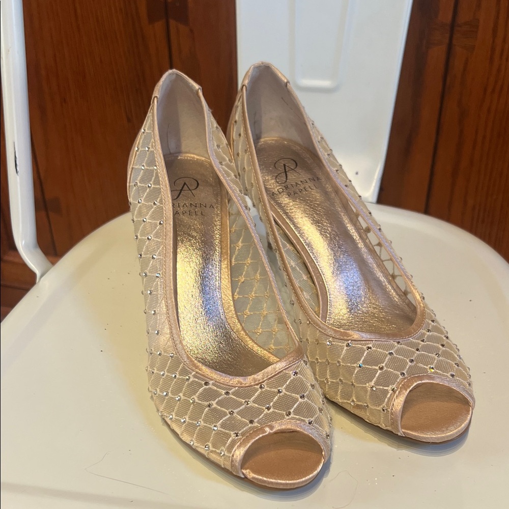 Adrianna Papell peep toe rhinestone gold heel